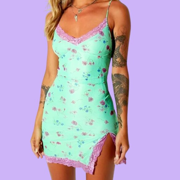 Urban Outfitters Dresses & Skirts - MOTEL ROCKS Coti Bodycon Mini Dress Mesh Bloom Lime Floral Lace Size S